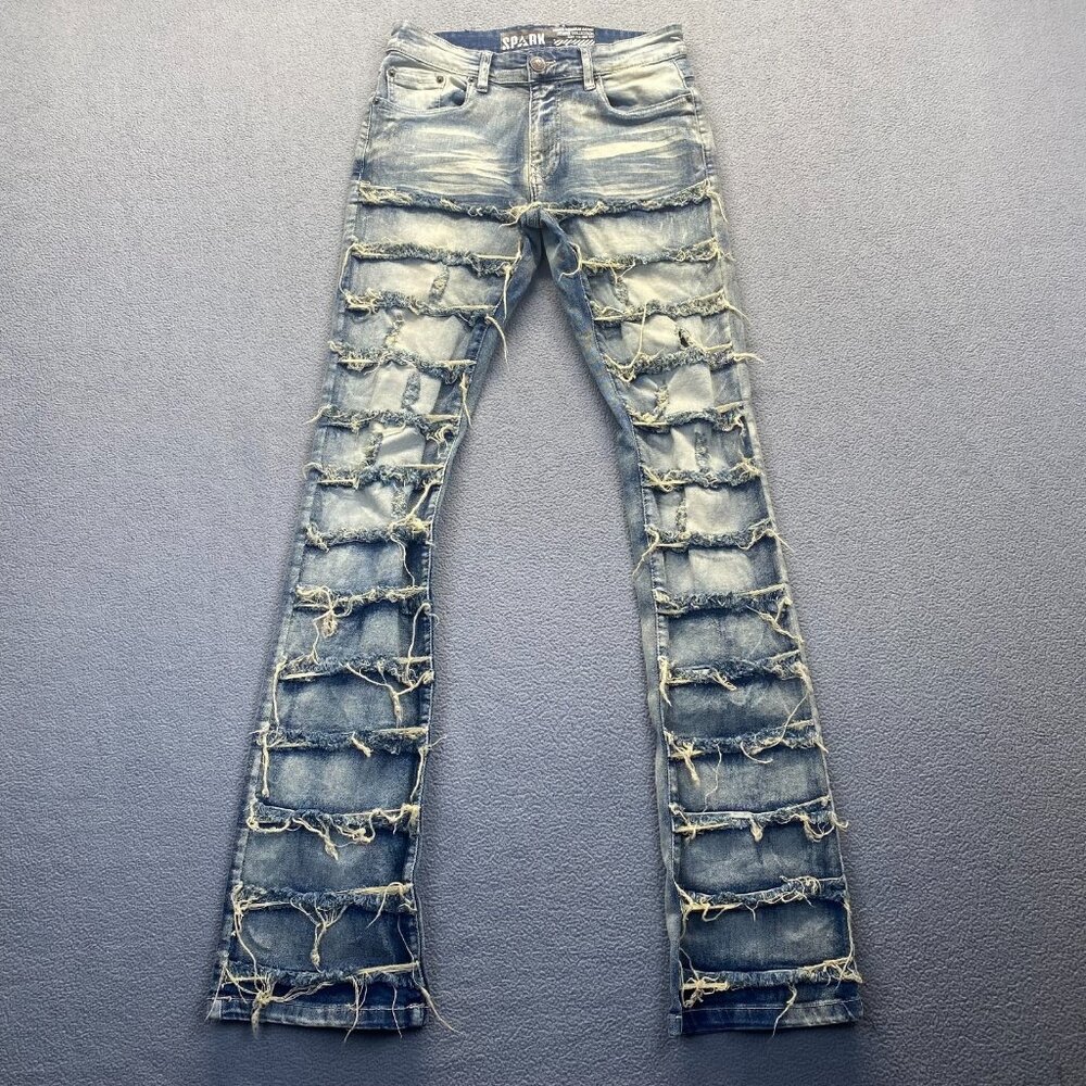 SPARK PREMIUM 29X38 Stretch Ripped‎ Distressed Flare Fit Stacked Denim Jeans